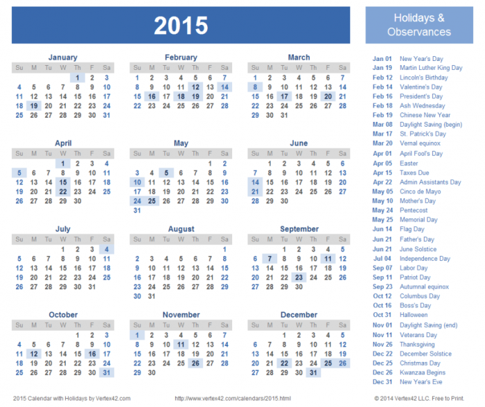 holiday calendar 2015