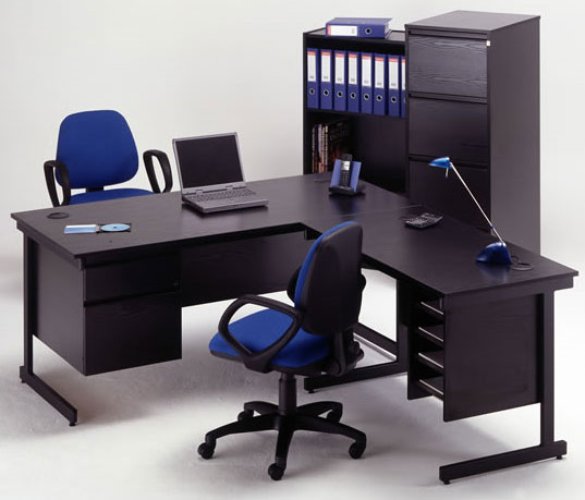 BlackOfficeFurniture-with-blue-chair 9 Black Office Desk Designs & How to Choose the Best one