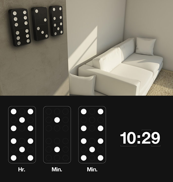 designer clock uses domino pictographics