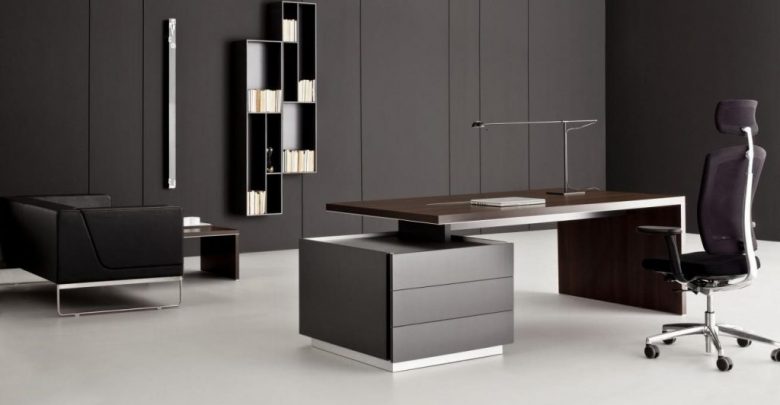 exotic black marble office desk applied on the white modern ceramics floor it also has small black seat that can add the beauty of the house design ideas 9 Black Office Desk Designs & How to Choose the Best one - black 2
