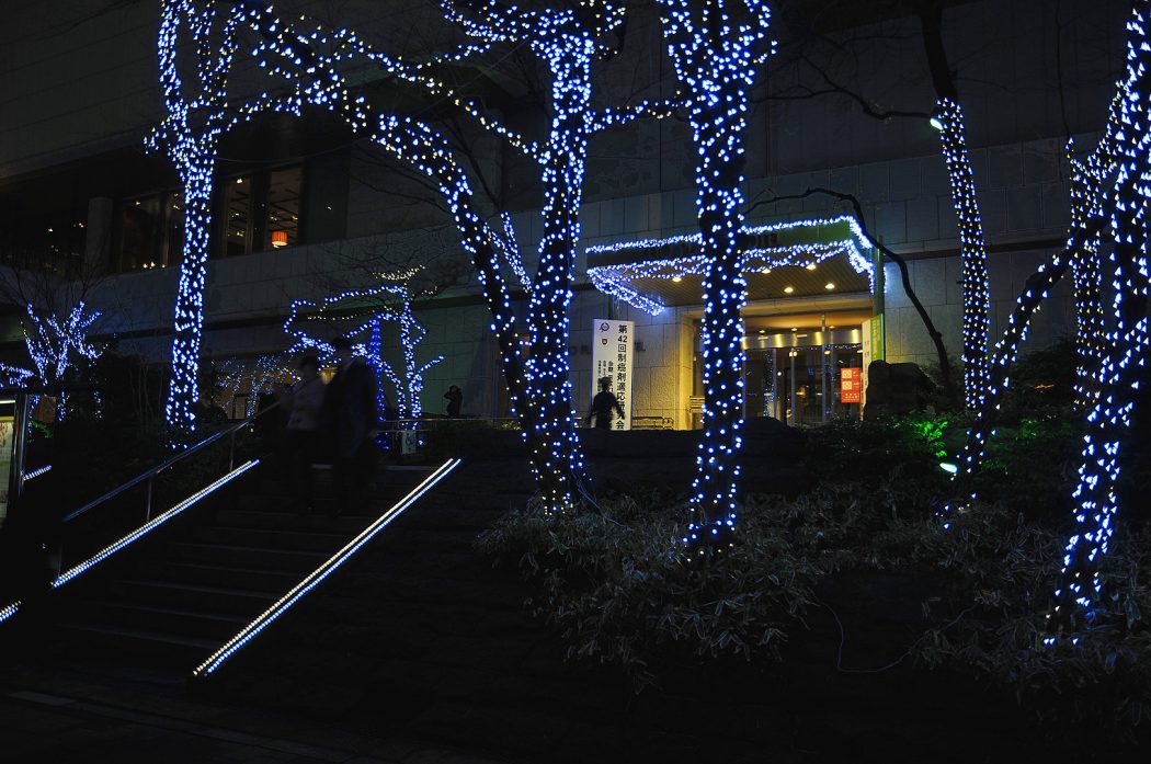 Hotel entrance and fairy lights