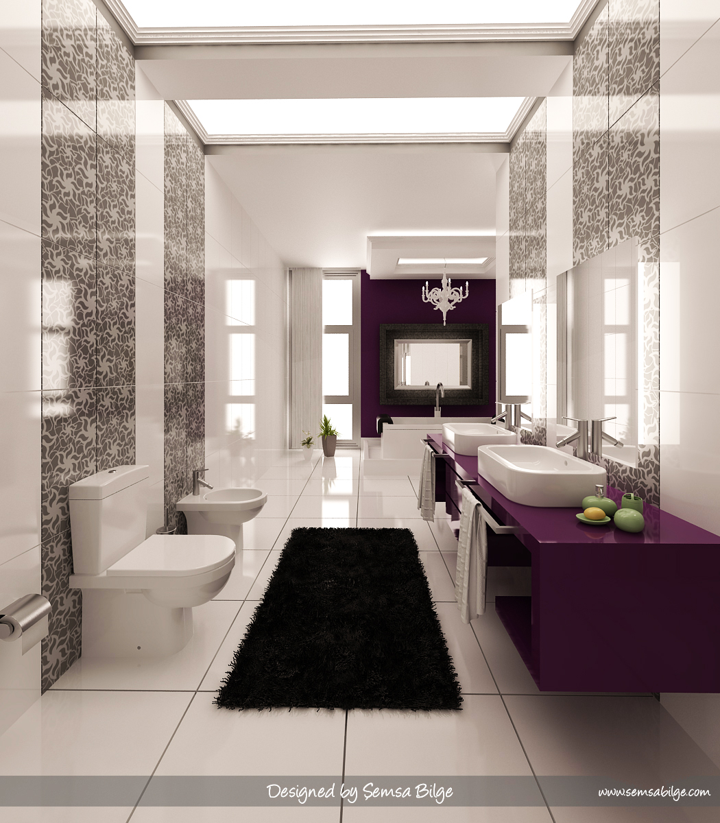 purple-black-and-white-graphic-print-bathroom-Bathroom-Designs-by-Daymon-Studio-and-Semsa-Bilge Fabulous And Stunning Colorful Bathrooms to Renew Yours