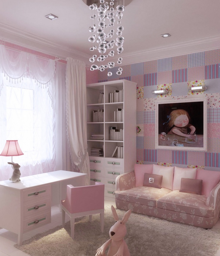 Girly Pink Lilac Blue Girls Bedroom Design with Two Cozy Sofa and Three Drawers Study Desk by Natalya Belyakova