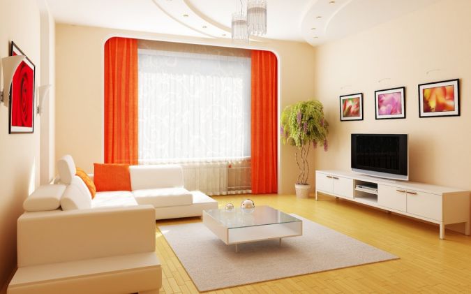 Ideas, Clean Living Room With Large Tv And Contrast Color Between Red Curtain And White Sofa