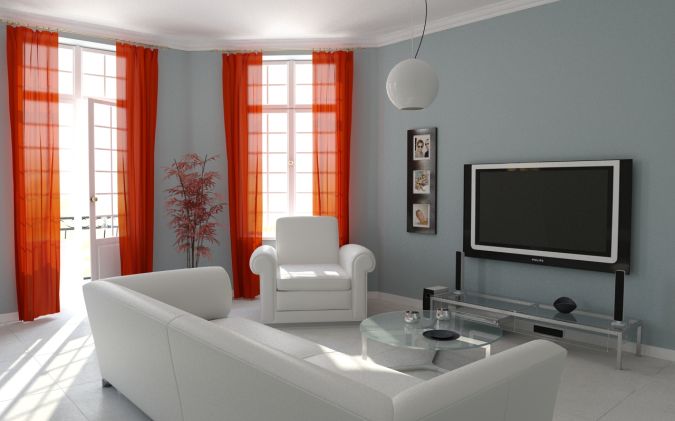 Interior-simple-white-grey-with-red-curtain-living-room-design