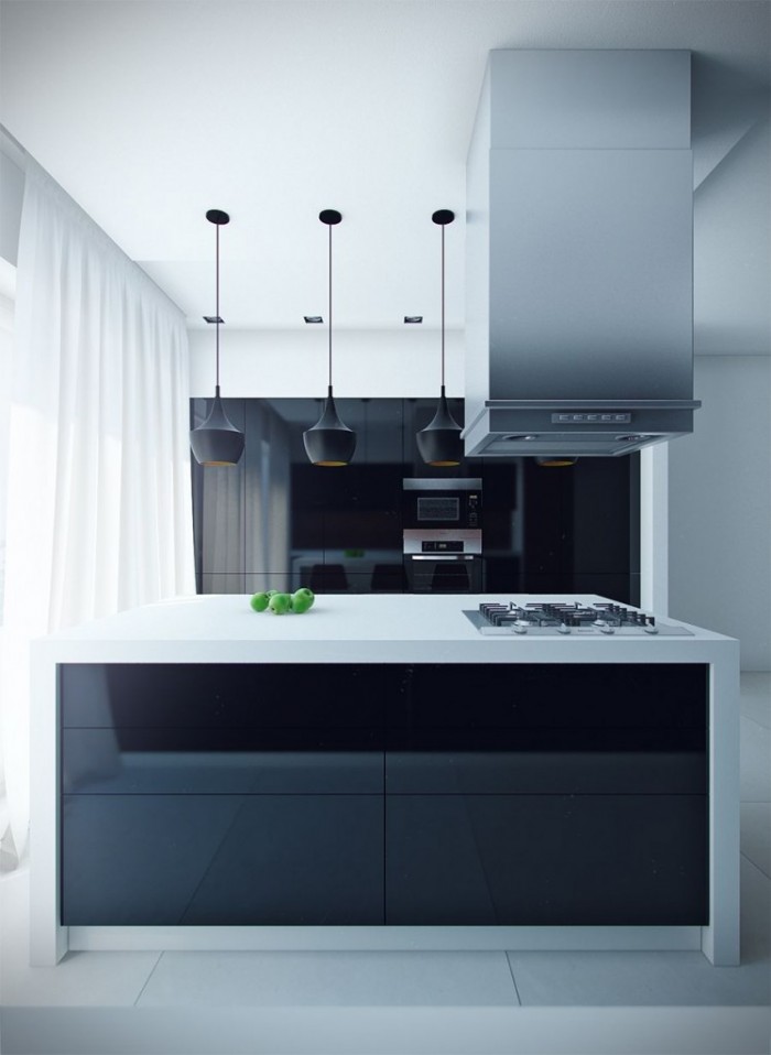 Sleek Black Kitchen Island With White Countertop And Black Kitchen Lighting