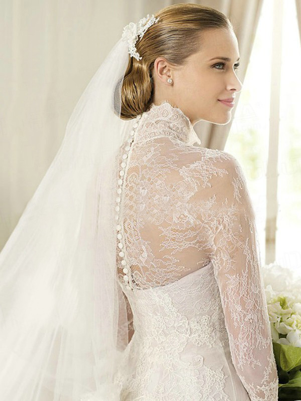 a-line-lace-high-neck-long-sleeve-sweep-bowknot-wedding-dresses-3-511091f2e4f5f 70 Breathtaking Wedding Dresses to Look like a real princess