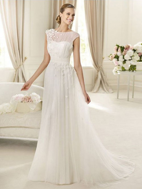chiffon-and-lace-jewel-neckline-a-line-style-with-floral-decoration-on-shoulder-2013-wedding-dresses-604176 70 Breathtaking Wedding Dresses to Look like a real princess