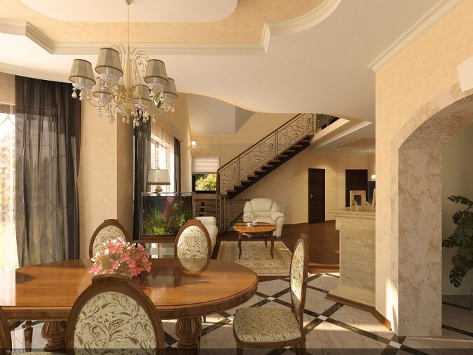 classic-suspended-ceiling-lights-and-round-dining-table-set-plus-floral-dining-chairs-cushions-in-open-space