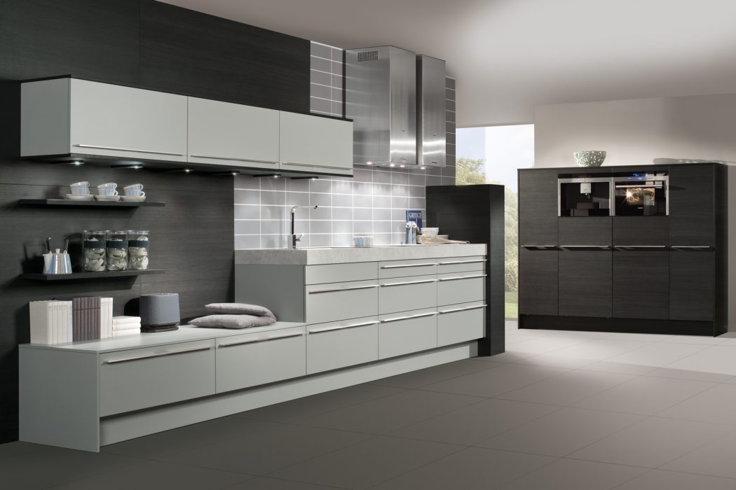 kitchen design at its best concrete grey laminate base and wall cabinets and black oak laminate tall appliance cabinets
