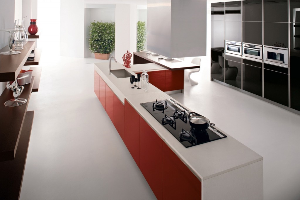 red-kitchen-island-with-white-corian-worktop-near-black-glossy-kitchen-cabinet-design
