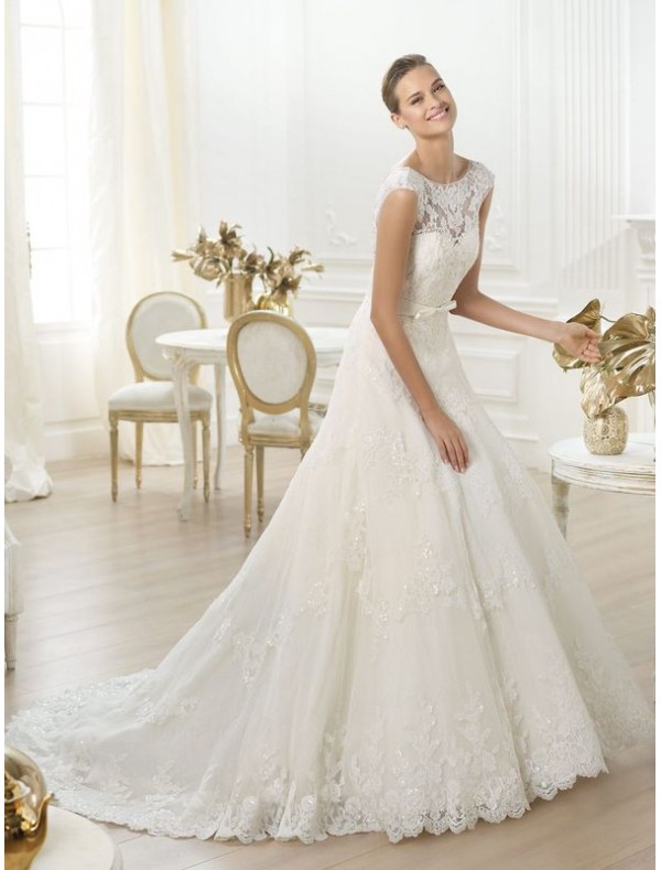 tulle-and-lace-jewel-neckline-a-line-wedding-dress-with-cap-sleeves-ps0026 70 Breathtaking Wedding Dresses to Look like a real princess