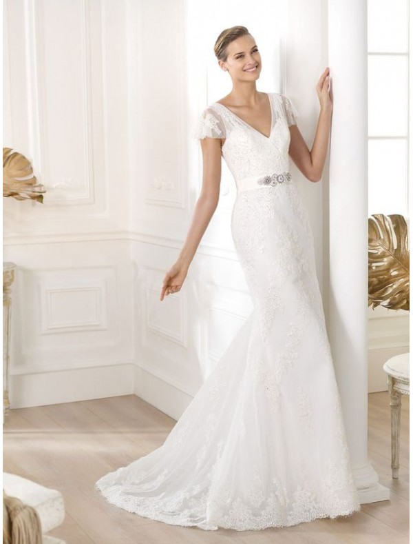 tulle-v-neck-wedding-dress-with-cap-sleeve-ps0035 70 Breathtaking Wedding Dresses to Look like a real princess