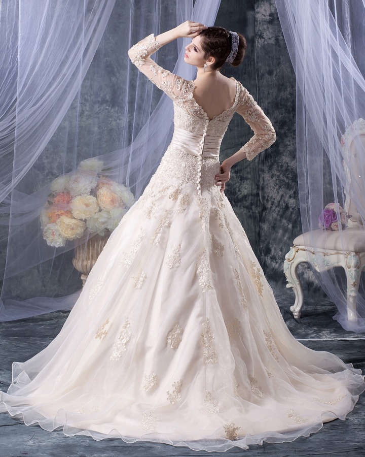 v-neck-organza-applique-beading-long-sleeve-a-line-wedding-dress-1 70 Breathtaking Wedding Dresses to Look like a real princess