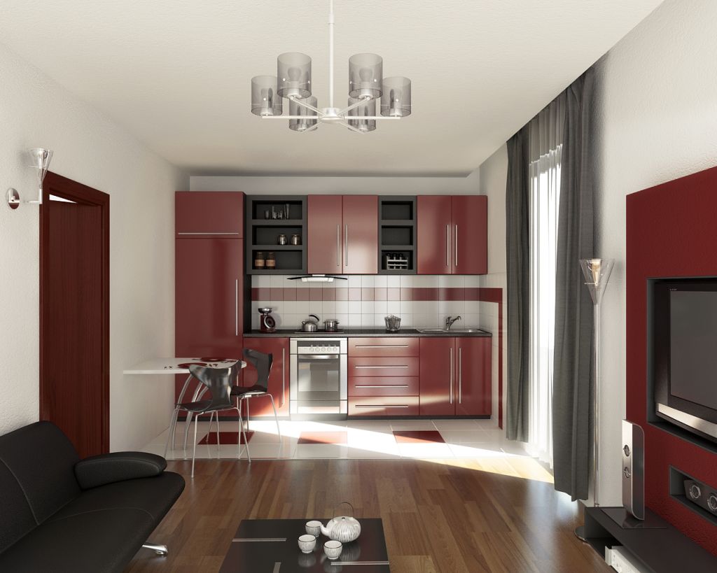 white black and red modern style kitchen with single room living for 2013 inspiration design