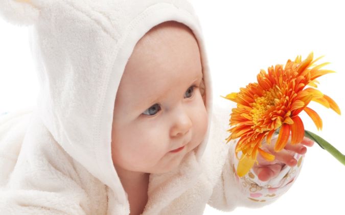 Baby Picture Touching Yellow Flower