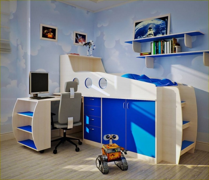 Blue attic childs room with modern bedroom