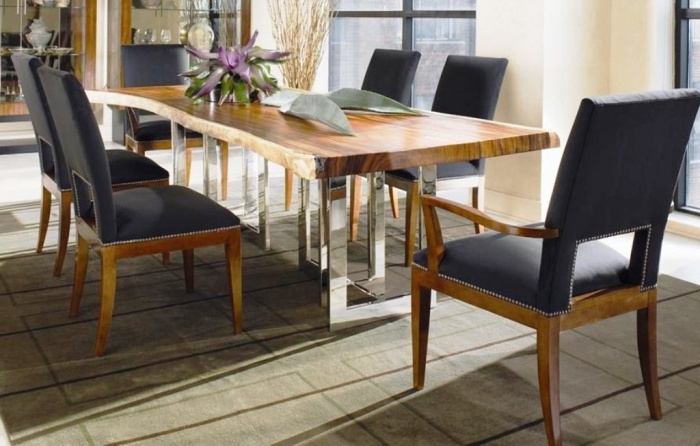 Modena rect-dining table and chairs. Thicker table top leaf raised on burnishes steel-chrome framing legs, this table complete with two captain chairs and four side chairs
