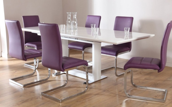 Modern Chairs Purple Color With Glossy Silver Backrest And Glossy White Rectangular Table at Contemporary Dining Room