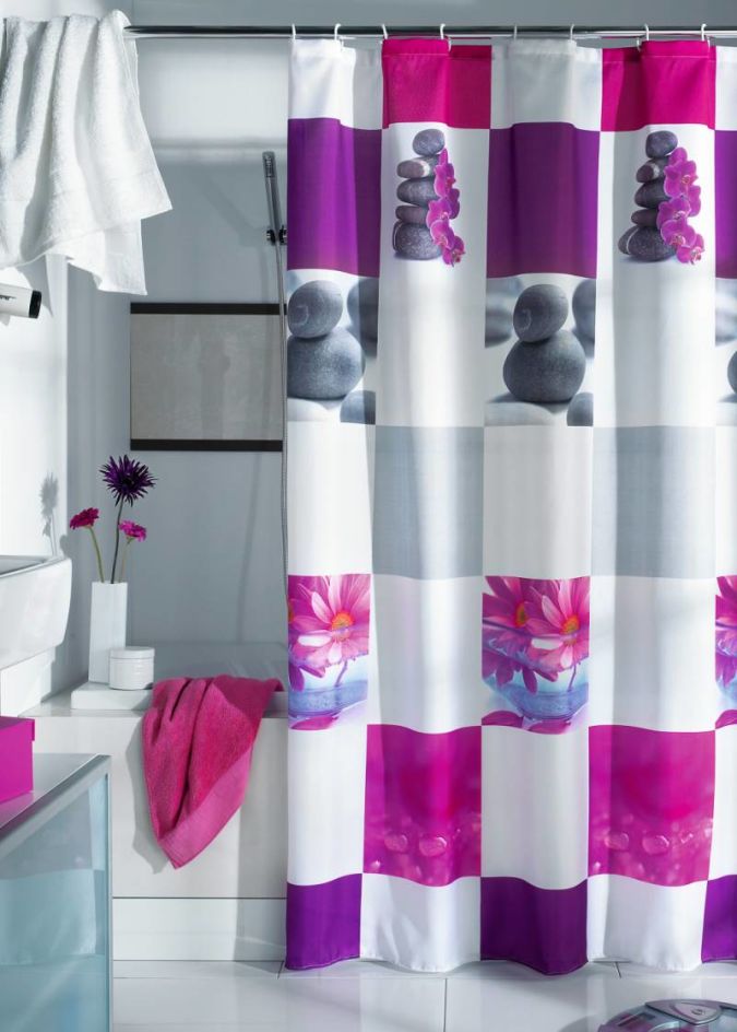 colorfull-shower-curtain-red-towel-white-towel-bath-tub- Curtains' Designs For Bathrooms And Showers
