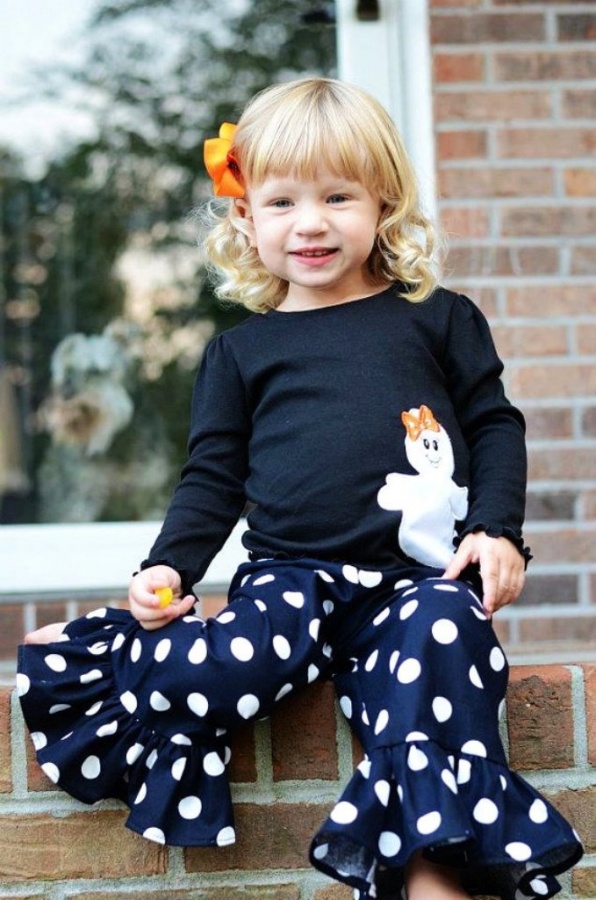 halloween black ghost tee and black and white dots ruffle pants