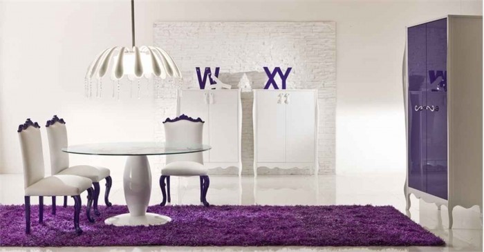 Amazing-Violet-Romantic-Dining-Room-With-White-Chairs-And-Furniture-Completed-By-Purple-Rug