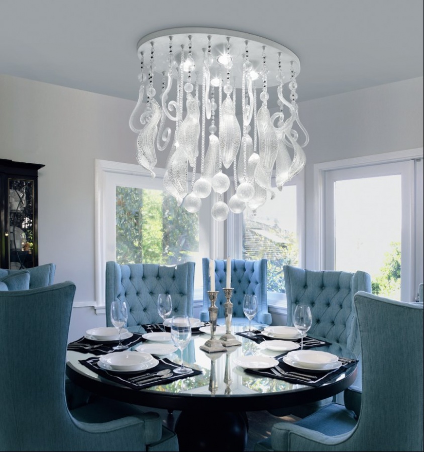 Awesome-Amazing-Dining-Room-With-Blue-Chairs-And-Big-Chandelier 45 Most Stylish and Contemporary Dining rooms