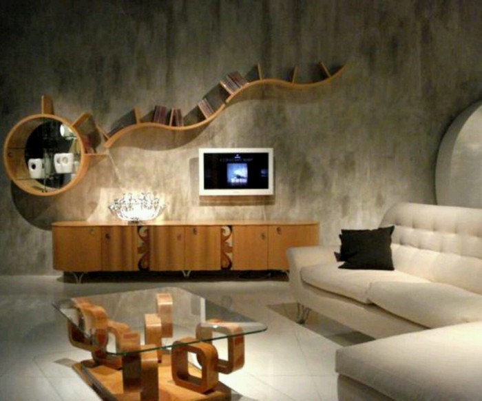 Unique-Bookcase-Wood-Sideboard-White-Sofa-Living-Room 40 Unusual and Creative Bookcases
