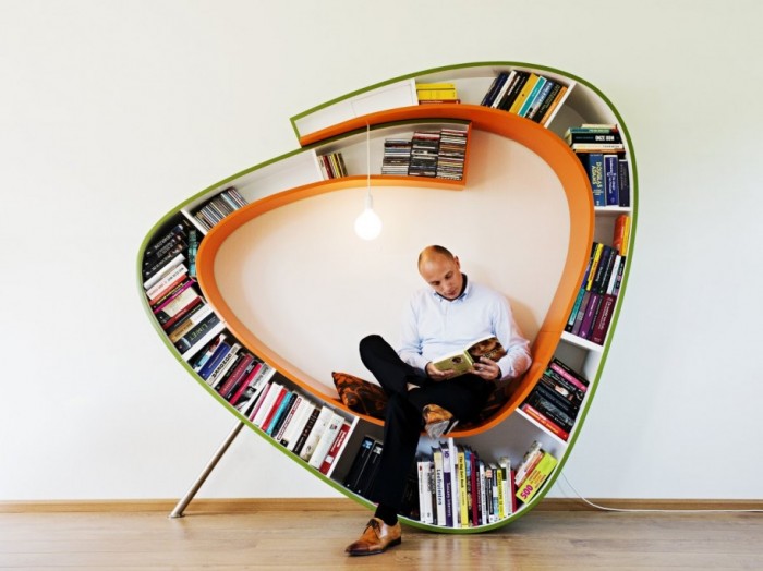Unusual-Bookshelf-Idea-Design-Bulb-Light-Laminate-Flooring