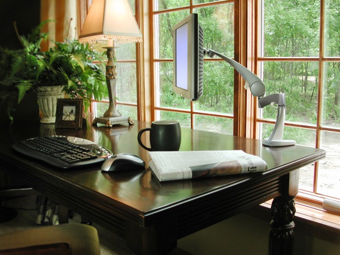 awesome-home-office-black-wooden-desk-floating-monitor-large-window-design Window Design Ideas For Your House