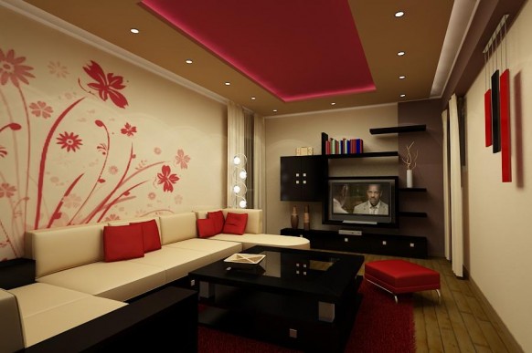 inspirational living room design red wall paper