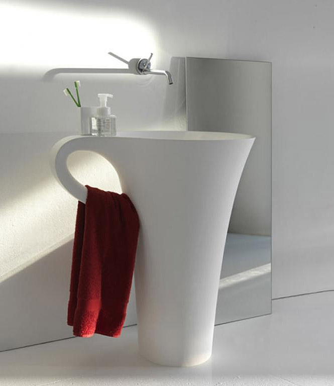 40 Catchy and Dazzling Bathroom Sinks 2 white-cup-basin-design-with-integrated-towel-hook
