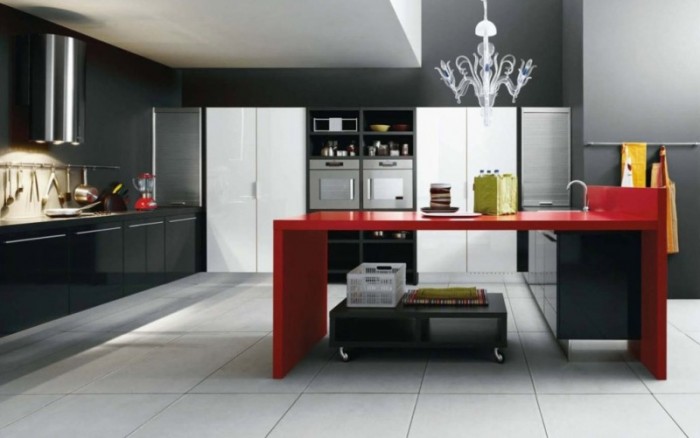 Black-and-White-Modern-Kitchen-Design-with-Red-Worktop5 45 Elegant Cabinets For Remodeling Your Kitchen
