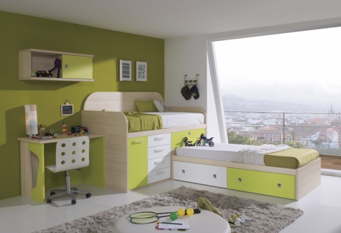 Modern-L-Shape-Bunk-Beds-Kids-Desk-Green-Wall-915x625 Make Your Children's Bedroom Larger Using Bunk Beds