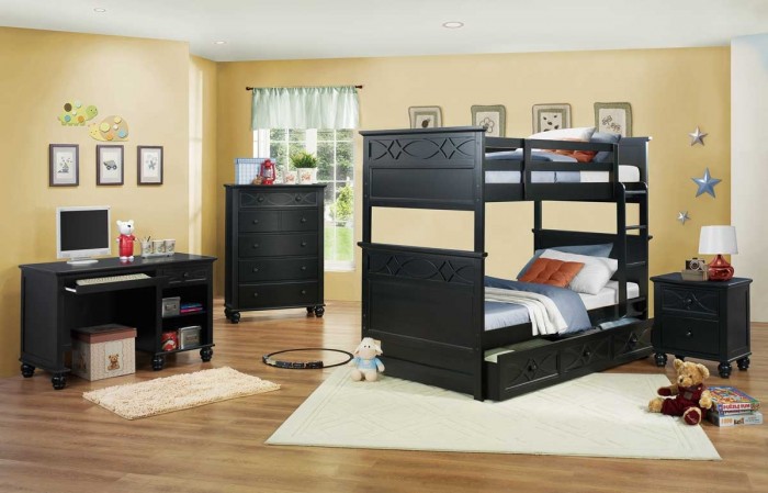 Modern bunk bed in black color with nightstand, chest, dresser and desk