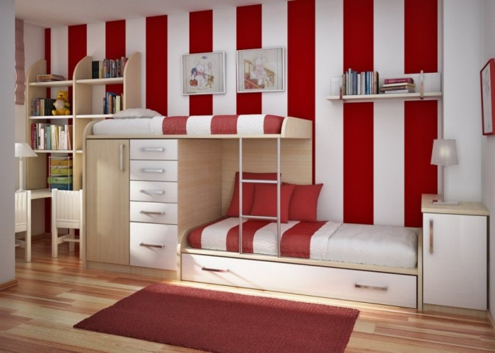 Red-Stripes-Wallpaper-Cool-Room-Designs-Modern-Bunk-Bed-915x654 Make Your Children's Bedroom Larger Using Bunk Beds
