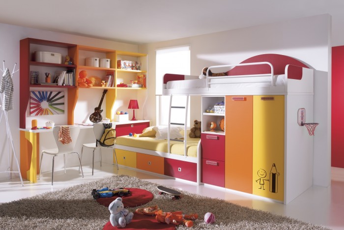 kids-bedroom-funky-colorful-girl-bunk-with-minimalist-wardrobe-and-modern-study-desk-also-chairs-beautiful-designer-childrens-beds-and-furniture-ideas Make Your Children's Bedroom Larger Using Bunk Beds