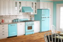 kitchen pretty retro blue refrigerator and oven with beautiful white kitchen counter also chic laminated floor sophisticated vintage kitchen design ideas 10 Amazing Designs Of Vintage Kitchen Style - 10 Pouted Lifestyle Magazine