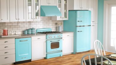 kitchen pretty retro blue refrigerator and oven with beautiful white kitchen counter also chic laminated floor sophisticated vintage kitchen design ideas 10 Amazing Designs Of Vintage Kitchen Style - 4