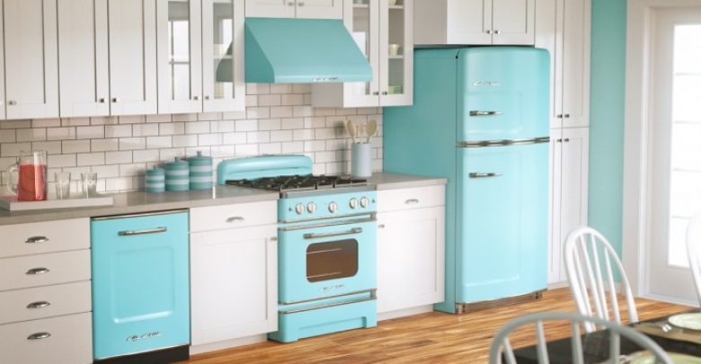 kitchen pretty retro blue refrigerator and oven with beautiful white kitchen counter also chic laminated floor sophisticated vintage kitchen design ideas 10 Amazing Designs Of Vintage Kitchen Style - vintage style 12