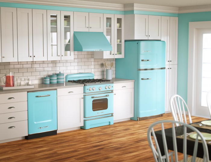 kitchen-pretty-retro-blue-refrigerator-and-oven-with-beautiful-white-kitchen-counter-also-chic-laminated-floor-sophisticated-vintage-kitchen-design-ideas 10 Amazing Designs Of Vintage Kitchen Style