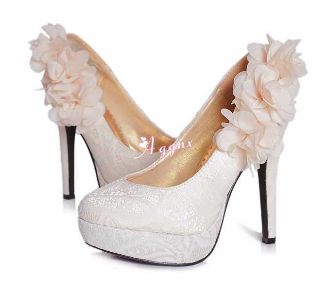 White Bridal Shoes With Lace Upper Chiffon Flower Stiletto Heel Platform Pumps
