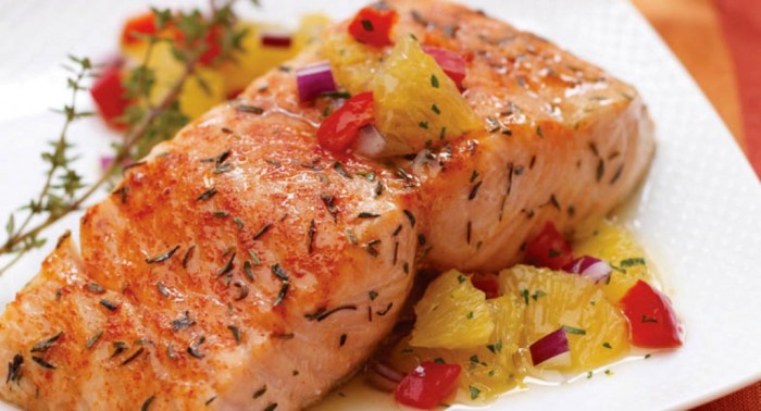 Citrus-Salmon-with-Orange-Relish 10 Types of Food to Provide You with Longevity & Good Health