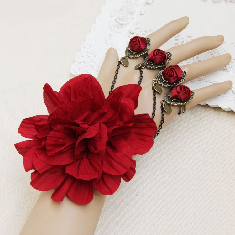 Free-shipping-classic-bracelets-for-women-lace-red-rose-hand-chain-ring-bracelet-bronze-chain-jewelry