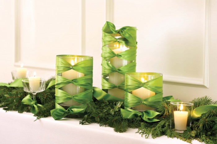 Ideas, Simple Easy And Inexpensive New Years Eve Decoration Ideas With White Candle On Cool Green Ribbon Wrapped Glass Vase Wonderful New Years Eve Decoration Ideas