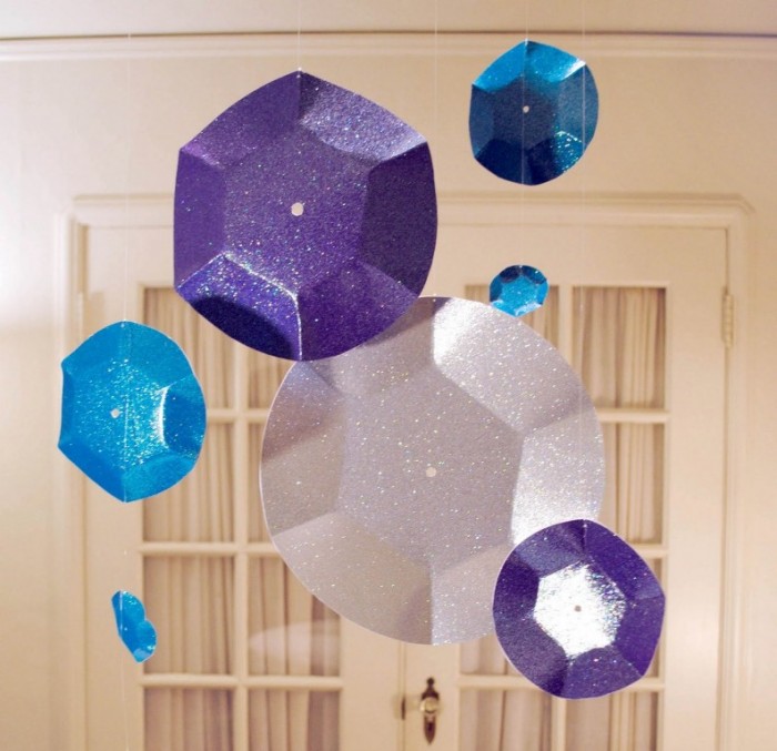 Ideas, Wonderful New Years Eve Decoration Ideas With Hanging Glittering Blue, Purple And White Paper Plate On The Ceiling Wonderful New Years Eve Decoration Ideas