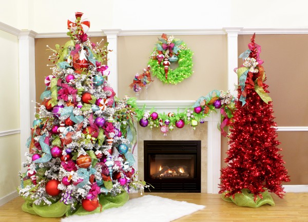 cool-design-ideas-cool-festive-colorful-christmas-trees-and-fireplace-mantel-living-room-unique-holiday-decorations-holy-colorful-christmas-tree-decorations 79 Amazing Christmas Tree Decorations