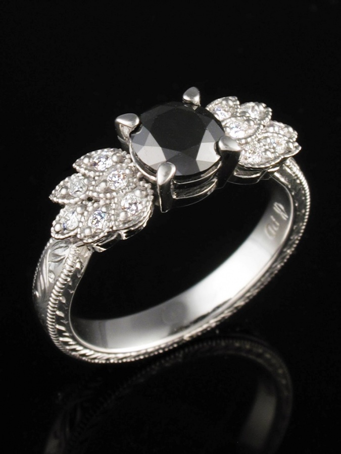 ASLE-antique-style-leaf-engagement-ring-black-diamond-0.90ct-wilt-pv-12 50 Unique Vintage Classic Diamond Engagement Rings