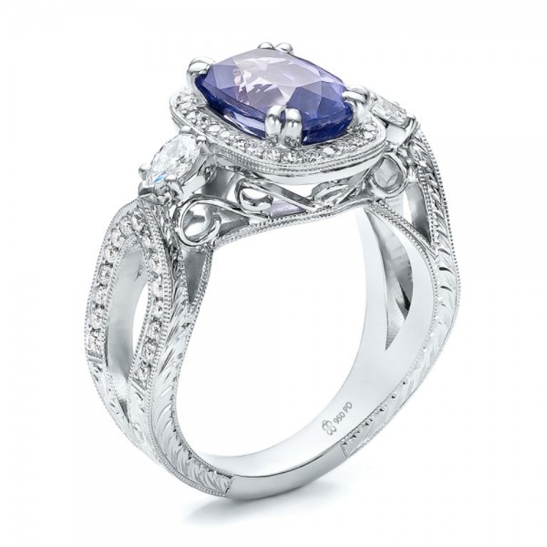 Custom-Blue-Sapphire-and-Diamond-Halo-Engagement-Ring-3Qtr-100783