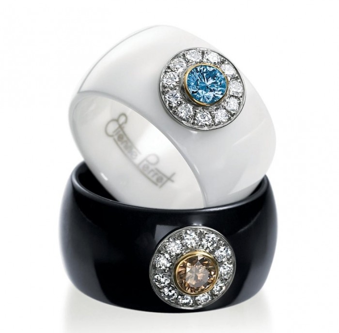 60 Unbelievable Ceramic Wedding Bands for Him & Her 19 Etienne-Perret-Ceramique-Daisy-Rings.-Colored-diamonds-in-18kg-gem-ceramic